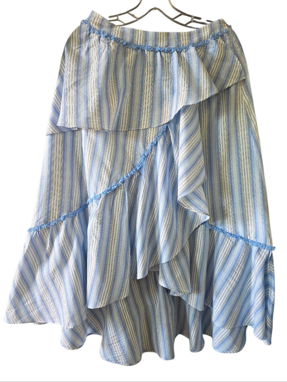 Moon River Blue and White Striped Ruffle Midi Skirt Size Small